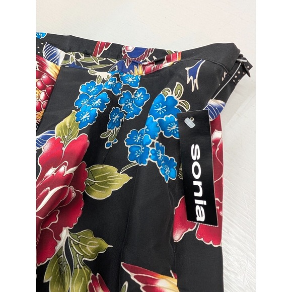 Sonia Women's Black Floral‎ 100% Silk Pull On Pants Tapered Leg Swan Size L NWT - Picture 4 of 11